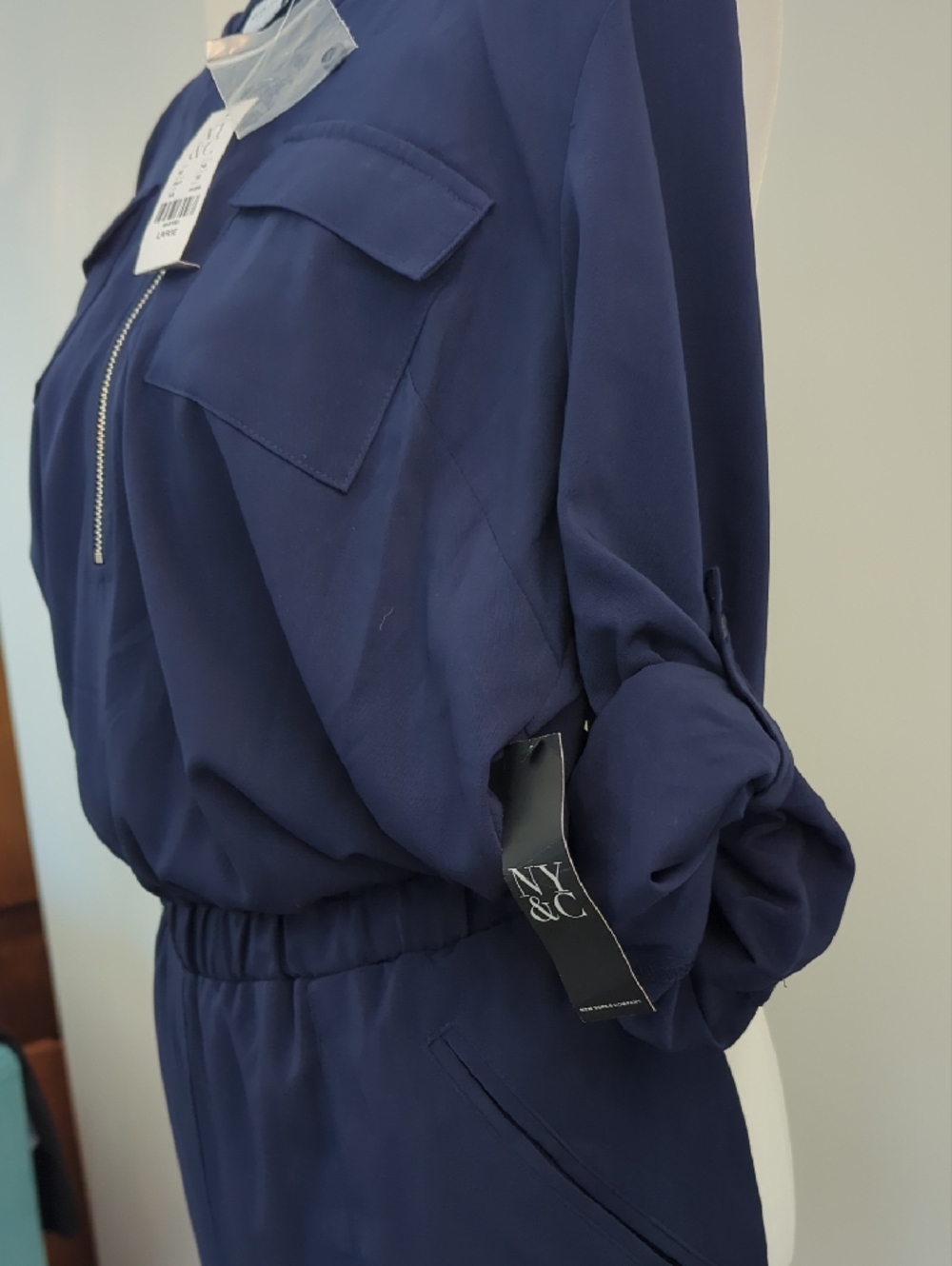 NWT New York & Company Utility Style Navy Zip-Front Blouson Wide Leg Jumpsuit - Picture 8 of 10